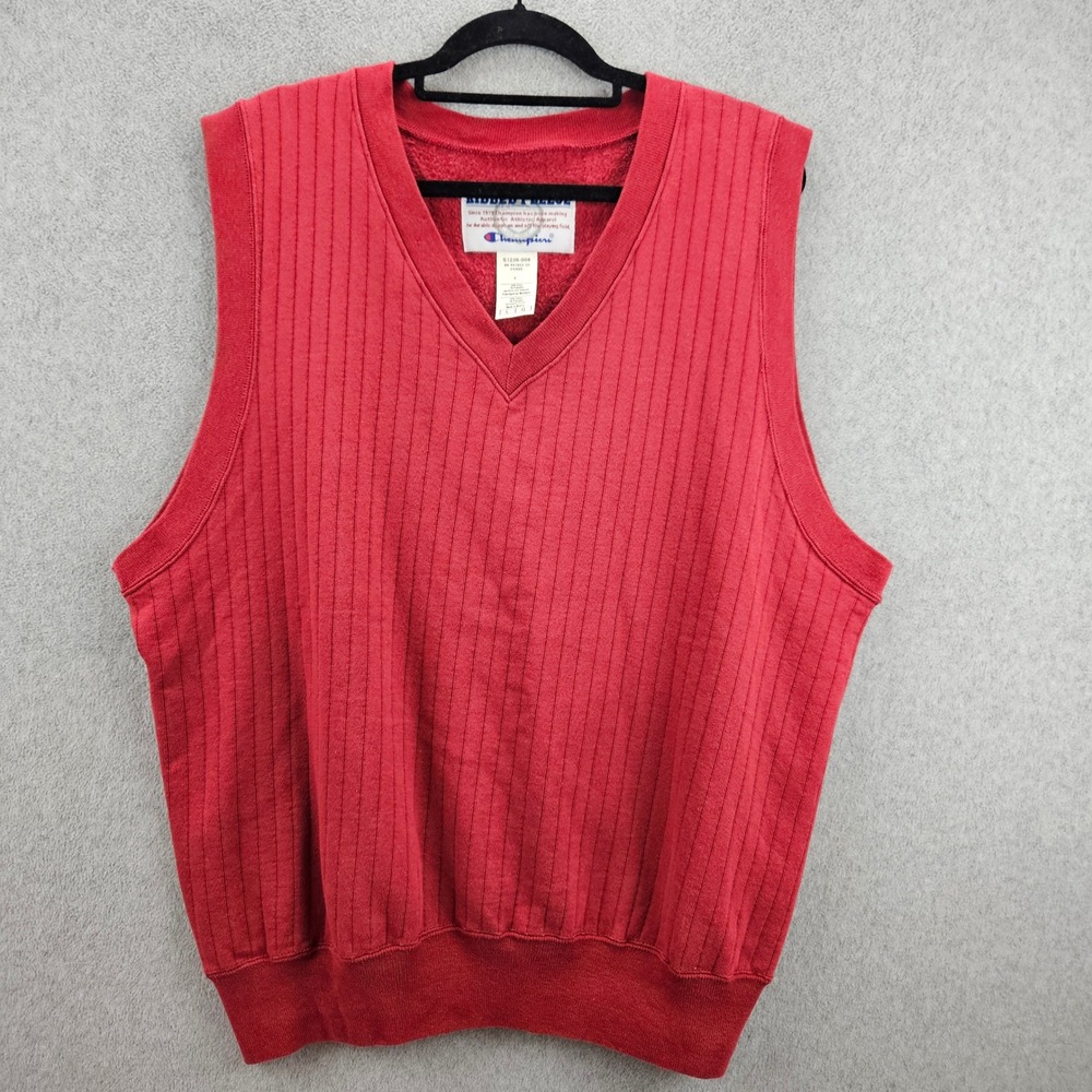 CHAMPION Sweatshirt Vest Men L Red Ribbed Fleece V-Neck S1226-008 Retro Sport